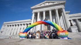 LGBTQ advocates speak at a rally on the steps of the Missouri Capitol Feb. 7, 2023.