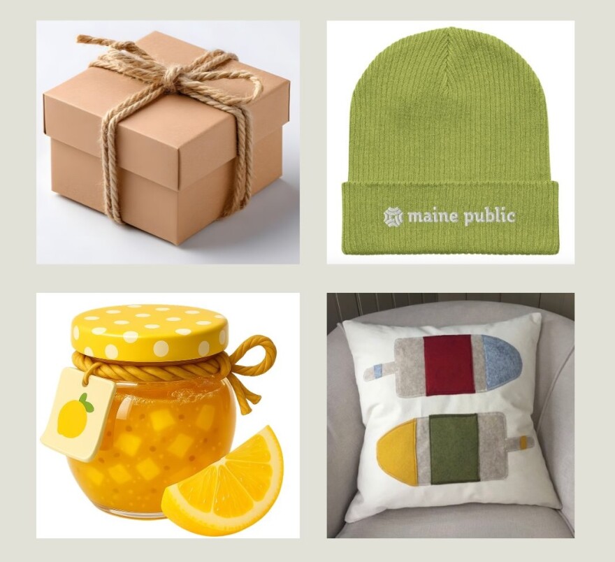 Plain brown paper gift box; green Maine Public knit cap; pillow with colorful images of buoys; yellow jar of lemon jam