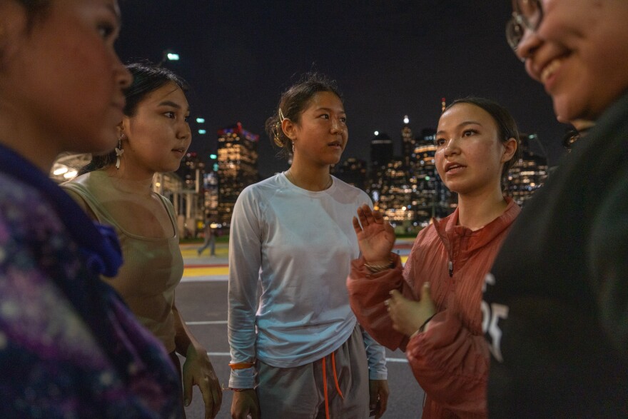 Mertarvik students and Provincetown students play basketball in Brooklyn, New York on June 6, 2025.