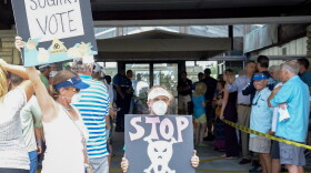 Cape Coral resident S'iva Goodman hoists a sign outside of the Cape Coral Yacht Club beside her 11-year-old daughter, Shelby, who is also carrying a sign protesting the U.S. Army Corps of Engineers and symbolically wearing a surgical mask.