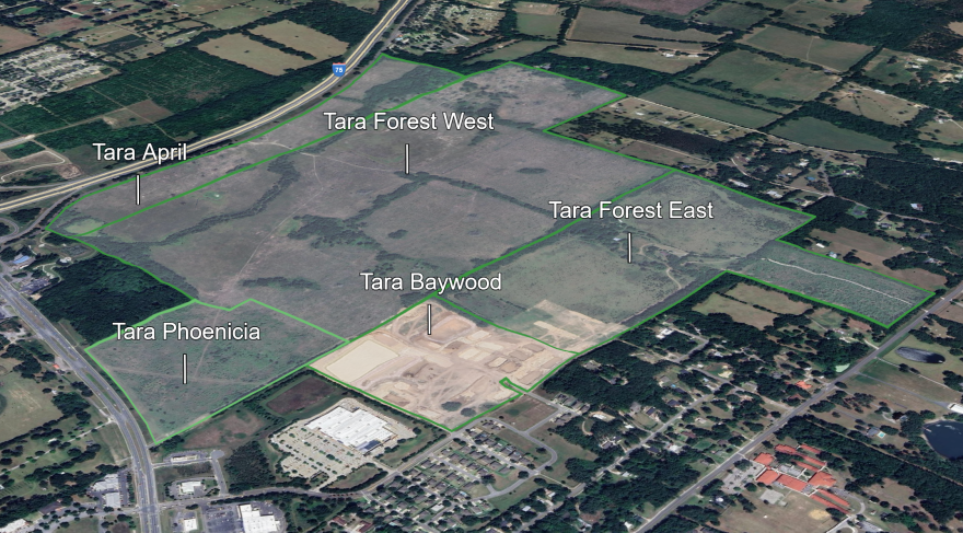 Some Alachua residents worry runoff from five proposed “Tara” developments could enter the Floridan Aquifer beneath them. The developer says its stormwater plans are sound, but an independent review recommends more research. (Graphic by Rose Schnabel via Google Earth)