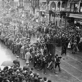 The first Labor Day parade, held in New York City on September 5, 1882. A group of approximately 200 members of Newark’s Jewelers Union helped get the procession underway after arriving with a band.