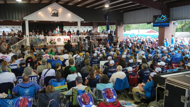 Emcee Dave Baker gets things going at the 146th annual Fancy Farm picnic in far western Kentucky.