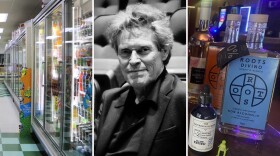 A spliced image shows the frozen-food aisle of a grocery store, actor Willem Dafoe and a bottle of non-alcoholic spirits.
