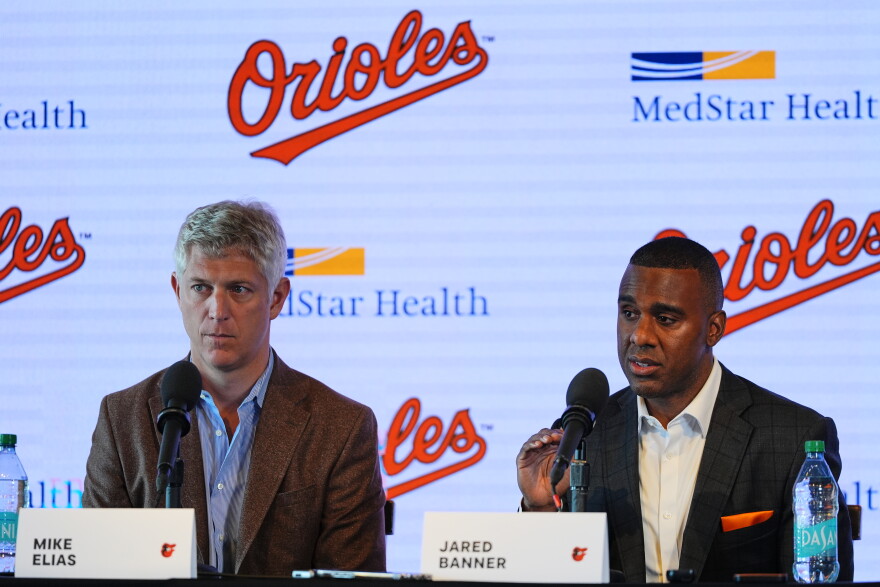 Baltimore Orioles General Manager Jared Banner, right, speaks during an introductory press conference with President of Baseball Operations Mike Elias in Baltimore, Tuesday, Oct. 27, 2026. (AP Photo/Stephanie Scarbrough)