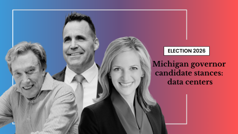 A graphic for an "Election 2026" article headlined "Michigan governor candidate stances: data centers." Three black-and-white candidate photos are composited against a blue-to-red gradient background. On the left, an older man in a striped shirt leans forward smiling. In the center, a middle-aged man in a suit and tie smiles at the camera. On the right, a woman with blonde hair wearing a dark blazer smiles directly at the camera. The candidates are not identified by name in the graphic.