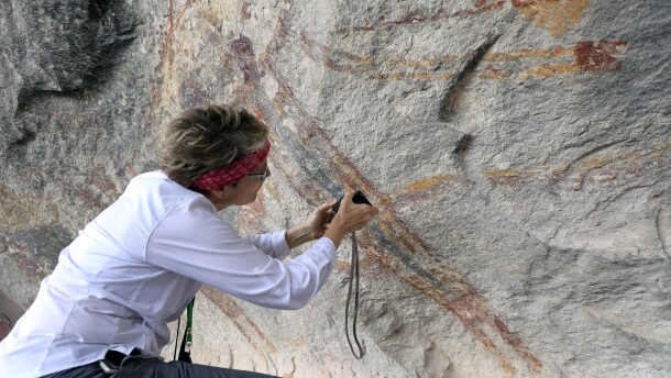 Carolyn Boyd examines the painting sequence of a Pecos River style figure at Fate Bell Shelter in Seminole Canyon State Park and Historic Site.