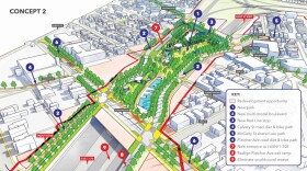 The group's proposed design would shrink the footprint of the Southeast Gateway, making room for businesses and commuter conveniences.