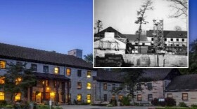 Spring Mill Inn in 2015. The inset photo shows original construction of the inn from 1937-38.