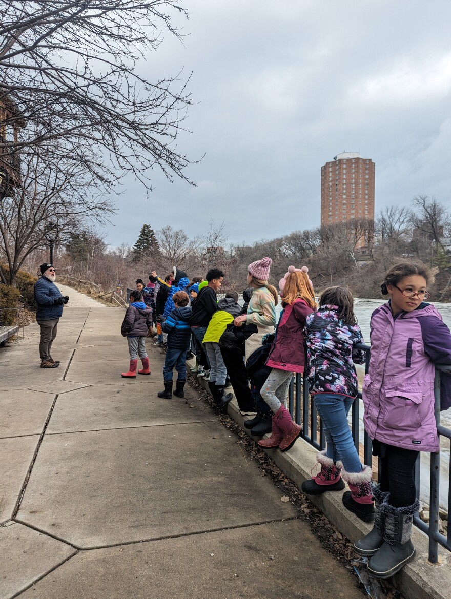 Tamarack Waldorf School's third grade class with teacher Paul Jarvis, along the river in Caesar's Park in Milwaukee.