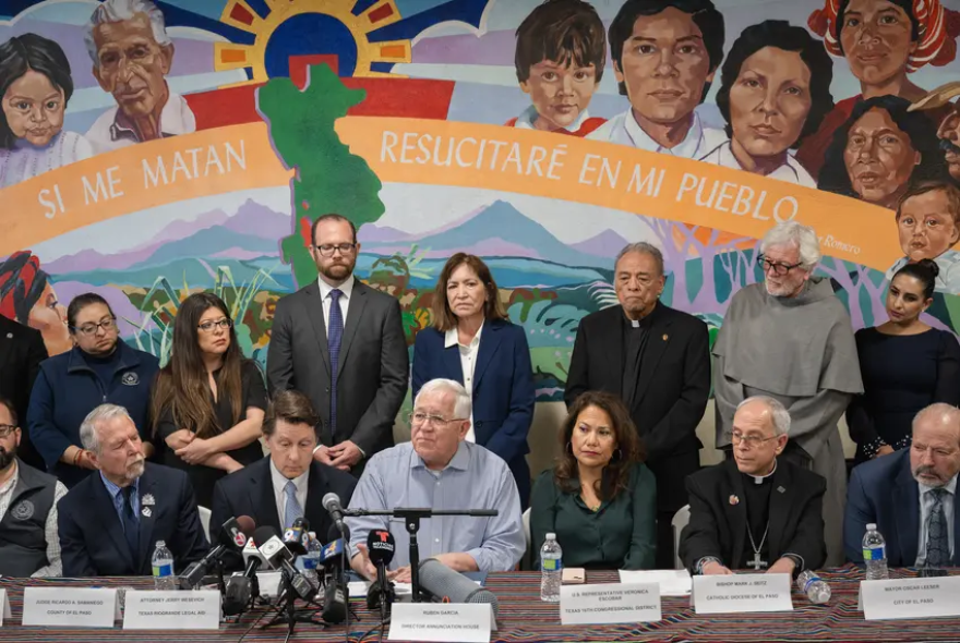 Ruben Garcia, director of Annunciation House, speaks at a press conference on Feb 23, 2024. Texas Attorney General Ken Paxton filed a lawsuit against the migrant shelter for allegedly operating a stash house and human trafficking. Annunciation House has been providing aid and shelter to migrants in El Paso for decades.
