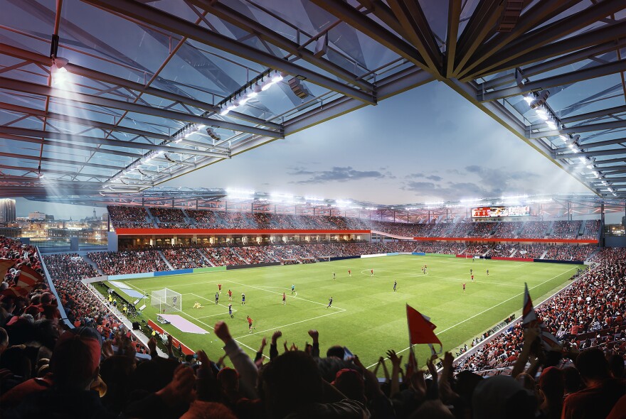 This rendering shows the interior design of a proposed 22,500-seat soccer stadium that could be built in downtown St. Louis. April 20, 2019