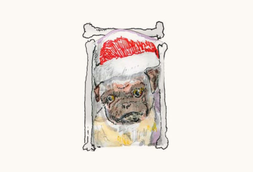 Illustration of a pug in a santa hat.