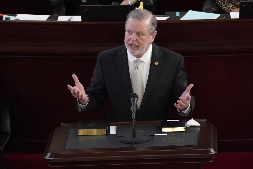In this Jan. 13, 2021 file photo, Senate President Pro Tempore Phil Berger, R-Rockingham speaks after being sworn in during the opening session of the North Carolina General Assembly in Raleigh, N.C. 