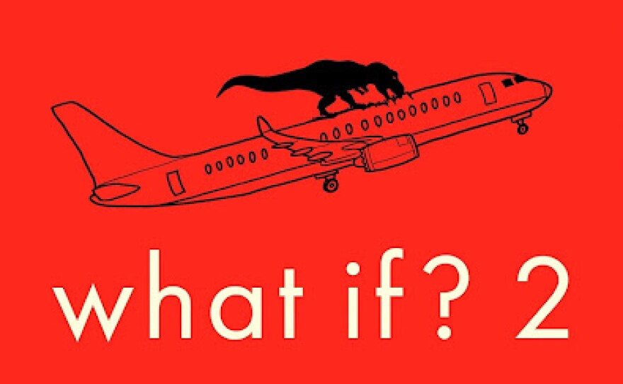 With a red background, the title of the book appears in white letters and a drawing of a plane being attacked by a dinosaur biting into the top of the plane.