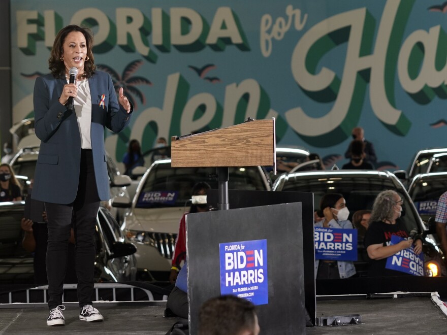 Vice President Kamala Harris, then the Democratic vice presidential candidate, speaks to supporters at a campaign event in October in Orlando, Fla.