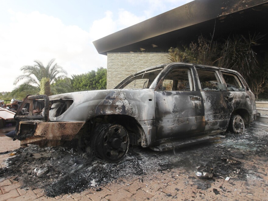 A burned vehicle outside the U.S. consulate in Benghazi, Libya, after the Sept. 11, 2012, attack.