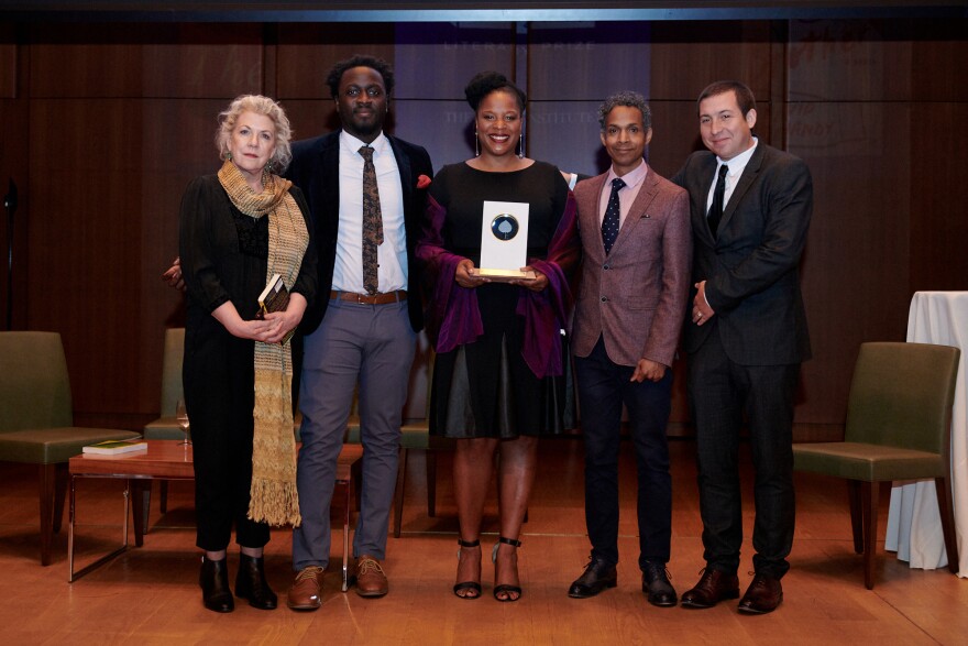 The 2019 Aspen Literary Prize winner Tayari Jones, center, stands with the author four finalists: from left to right, Jennifer Clement, Nana Kwame Adjei-Brenyah, David Chariandy and Tommy Orange.