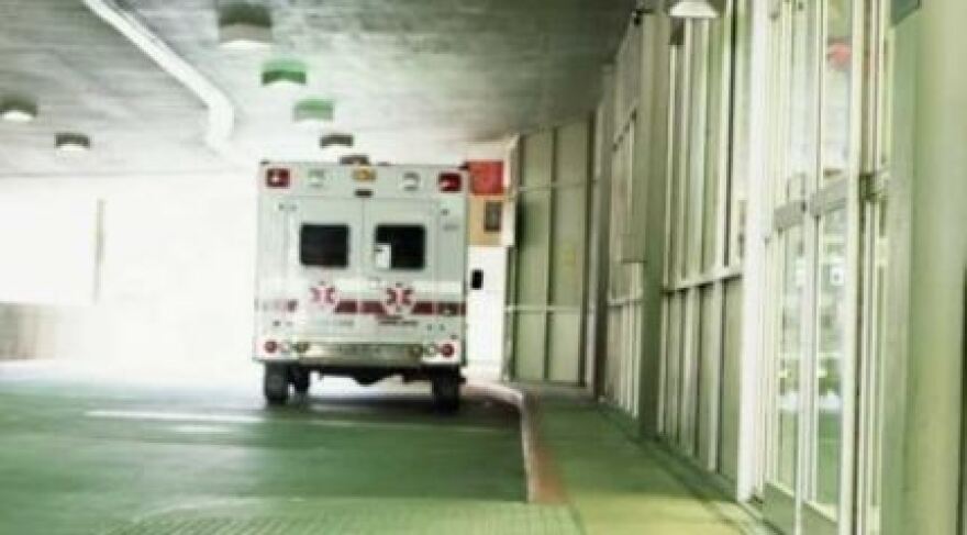 An ambulance parked at a hospital