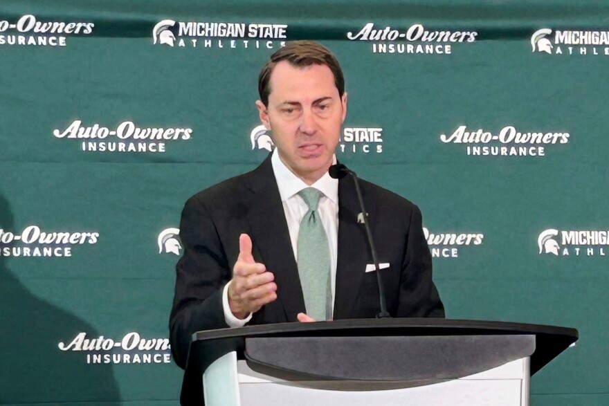 Michigan State athletic director J Batt speaks during a news conference, June 4, 2025, in East Lansing, Mich. 