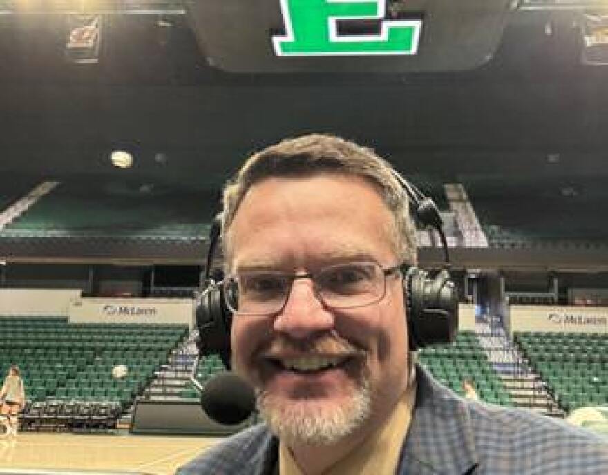 Ryan Wooley broadcasting from EMU's George Gervin GameAbove Center.