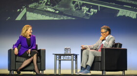 Jocelyn Benson, Michigan's secretary of state and the Democratic candidate for governor, shares the stage with moderator Jason Colthorp at the Detroit Economic Club on September 16, 2026.