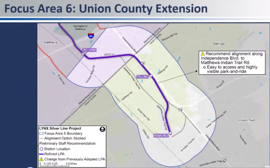 The latest proposed route of the Silver Line in Union County has it going from Central Piedmont Community College’s Levine Campus in Matthews to U.S. 74 in Stallings and south into Indian Trail.