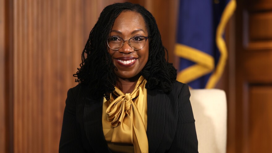 WASHINGTON, DC - MARCH 02: Supreme Court nominee Ketanji Brown Jackson looks on during a meeting with U.S. Senate Majority Leader Charles Schumer (D-NY) on March 02, 2022 in Washington, DC. Supreme Court nominee Ketanji Brown Jackson is meeting with Senate leaders on Capitol Hill ahead of her confirmation hearings (Photo by Justin Sullivan/Getty Images)