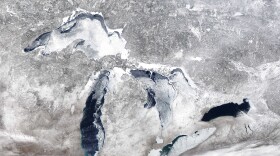 A MODIS satellite image shows significant late season ice cover on Lake Superior, March 16, 2014. 