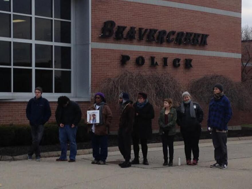 Protestors demonstrate in front of Beavercreek Police station following the death of John Crawford III inside a Beavercreek Walmart in 2014.