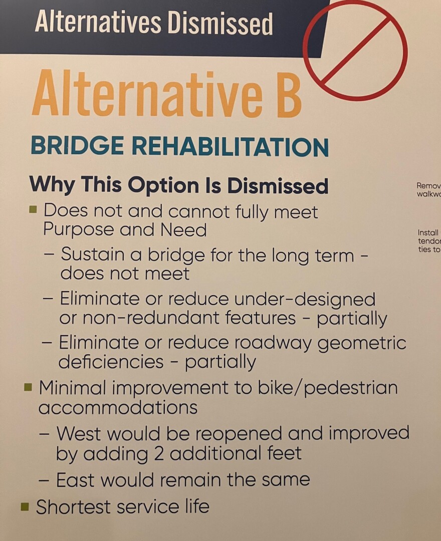 A DOT placard listing reasons why a Centennial Bridge rehabilitation option was dismissed.