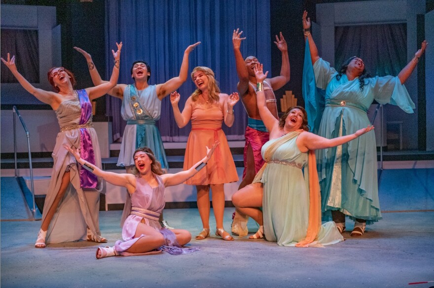 The cast of Uptown Players' production of the 2007 Broadway hit "Xanadu." With a book by playwright Douglas Carter Beane and songs by Jeff Lynne and John Farrar, the roller skating musical parodies the original 1980 film that starred Olivia Newton-John and Gene Kelly and was a critical and commercial failure.