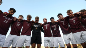 Men's Soccer huddles up during match against the Kansas City Roos last season, 2025
