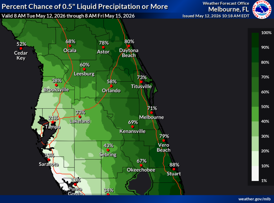 This is a National Weather Service precipitation probability map for the Space and Treasure Coasts of Florida