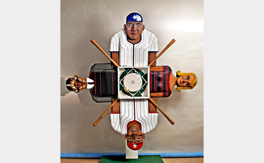 Leo Jensen (1926–2019), Baseball Machine, 1963. Painted wood, mixed media kinetic sculpture, 90 x 76 x 23 in. Collection of the Artist.