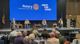Demkota processing plant CEO Adam Bode, Chairman/Founder of SD Cattleman's Foundation Ryan Eichler and producer Dave Geraets talk about the state of South Dakota's cattle industry on a Downtown Sioux Falls Rotary panel Dec. 01, 2025, at the Military Heritage Alliance in Sioux Falls.