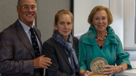 The Rendell Center for Civics and Civic Engagement received the 2025 Brown Democracy Medal from the McCourtney Institute for Democracy at Penn State. Pictured left to right: Larry Brown, Beth Specker, Judge Marjorie Rendell.