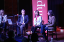 Republican Lily Tang Williams (center right) and Democrat Maggie Goodlander (right) met on Oct. 15 in Keene for a forum moderated by NHPR's Annmarie Timmins (left) and the Keene Sentinel's Rick Green (center left).