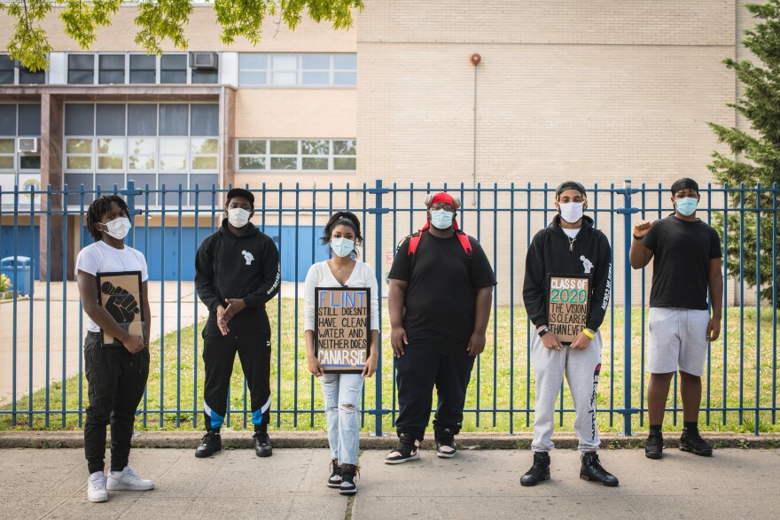 Students behind the Flossy Podcast: Joshua Bovell, Jaheim Birch-Gentles, Brianna Johnson, Jamar Thompson, Ieszan McKinney, and Kamari Murdock in Canarsie, Brooklyn, N.Y.<em> (Not pictured - Isaiah Dupuy)</em>