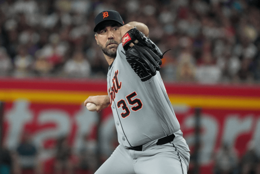 Detroit Tigers pitcher Justin Verlander works against the Arizona Diamondbacks during the first inning of an opening-day baseball game Monday, March 30, 2026, in Phoenix.