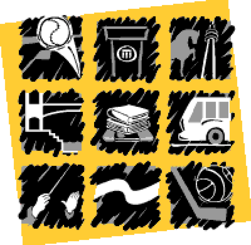 The MAPS logo represents each of the nine elements of MAPS: the new AT&T Bricktown Ballpark, renovation of the Myriad (now Cox Convention Center), improvements at the state fairgrounds, the Bricktown Canal, a new Library/Learning Center, new trolleys, a n