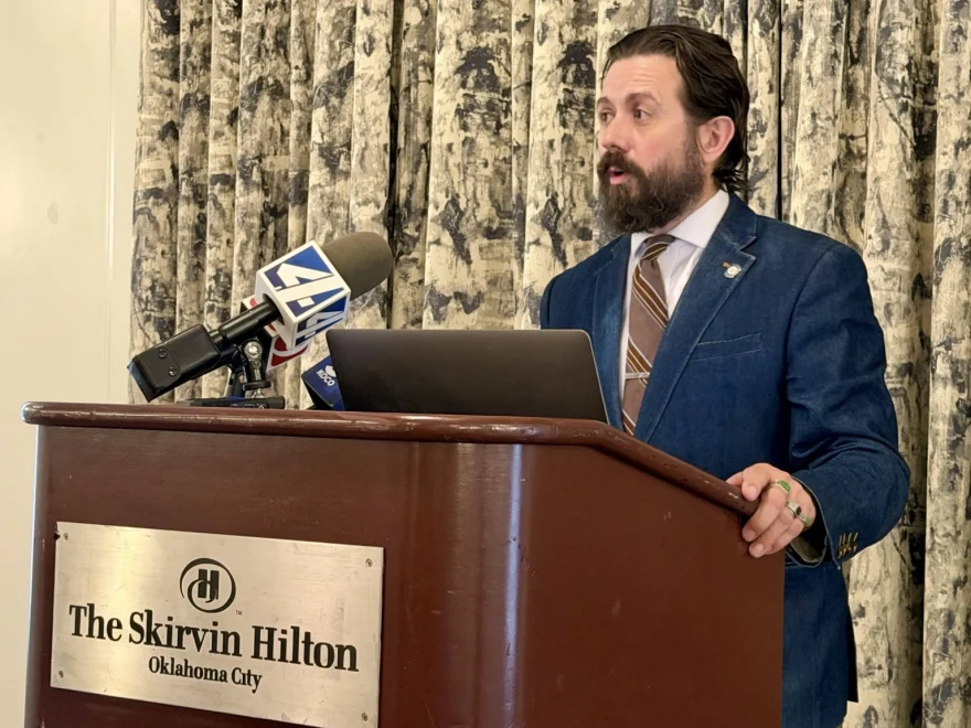 Oklahoma Rep. Jared Deck, D-Norman, speaks about candidate loans at a press conference at the Skirvin Hotel in Oklahoma City on Thursday, Oct. 15, 2026. Deck wants banking regulators and campaign finance watchdogs to scrutinize loans to GOP gubernatorial candidate Mike Mazzei.