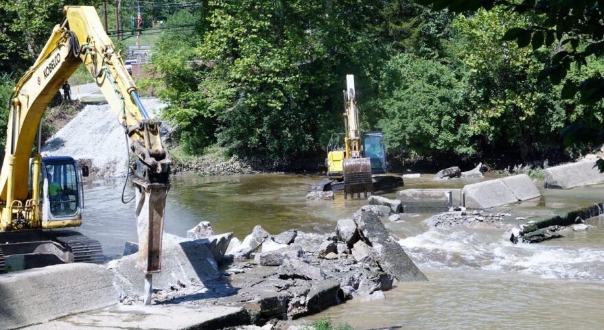 A low head damn being removed in 2019 from the East Fork of the Little Miami River in Batavia, Ohio