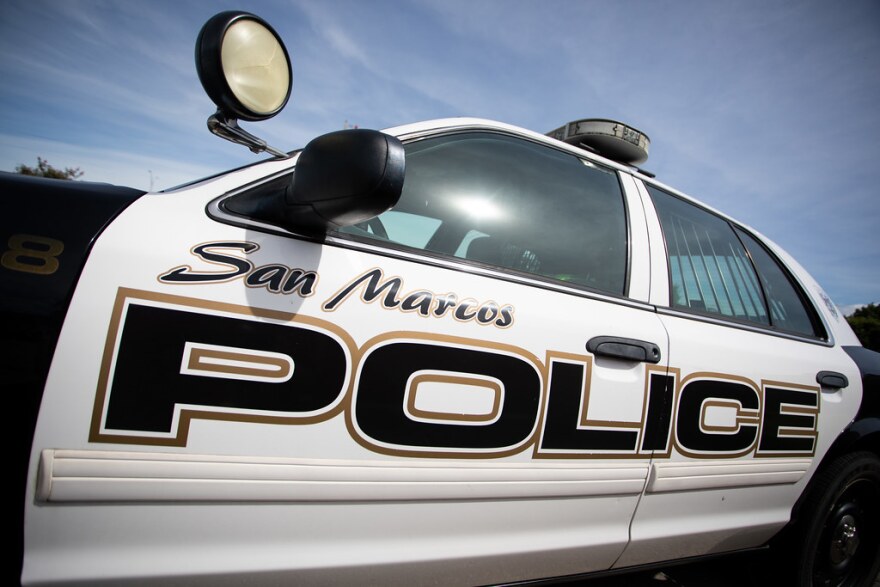 A police cruiser outside of the San Marcos Police Department headquarters