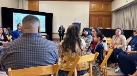 People sit in chairs looking at a little girl standing and speaking into a microphone in a conference room.