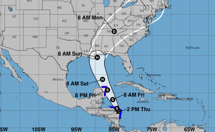 The 5-day track for Tropical Storm Nate calls for the storm to become a hurricane over the weekend — and threaten the northern Gulf Coast on Sunday.