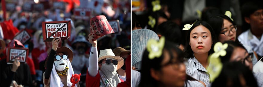 Left: Holding signs saying "My life is not your porn," thousands of South Korean women protest against being filmed secretly in August 2018 in Seoul. Right: Schoolgirls wearing butterfly hairpins take part in a weekly protest outside Seoul's Japanese Embassy in July 2015, demanding an apology and compensation for Japan's abuse of Korean comfort women in World War II.