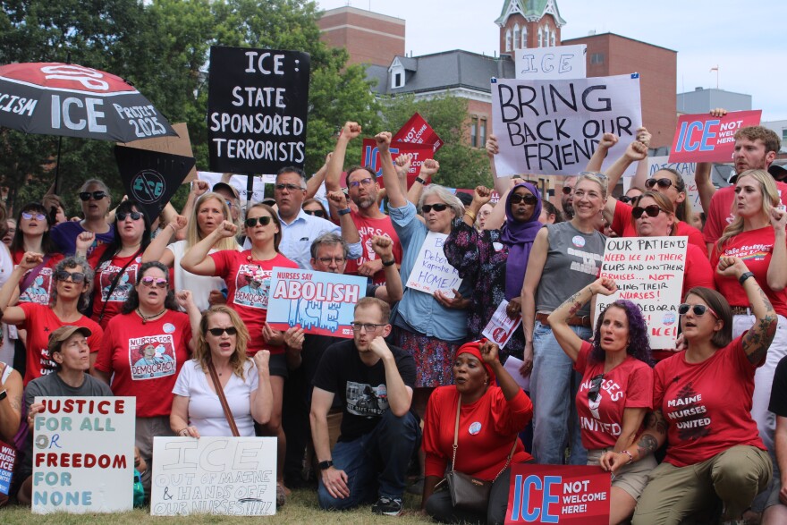 Maine Medical Center nurses and supporters at a press conference and rally calling for the release of their nursing colleague Debora Kapisha in Portland on Wednesday, Aug. 5, 2026.