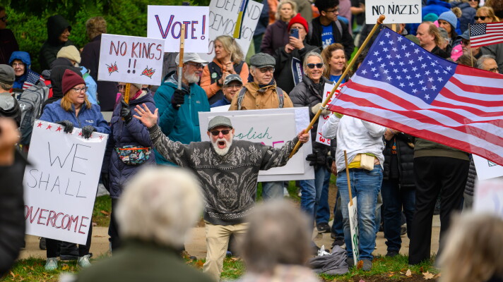 NoKings protestors demonstrate outside the Connecticut State Capitol in Hartford, Connecticut on October, 17, 2026.