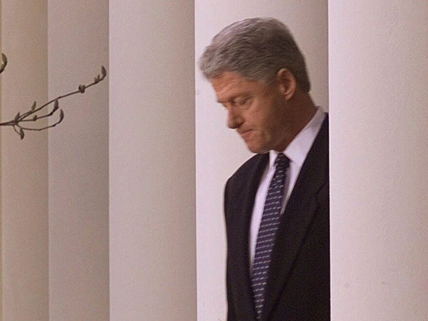 President Clinton arrives in the Rose Garden after being acquitted of all charges in his impeachment trial  Feb. 12, 1999.